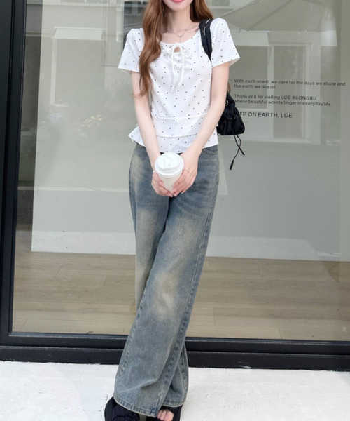 Ada.(エイダ)の「ドットデザイン フロントリボン付き Vネック 裾フリル半袖カットソー(Tシャツ/カットソー・レディース・グレー/ホワイト/ブラック・FREE)」の9枚目の写真