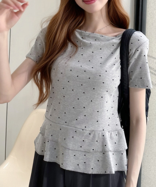 Ada.(エイダ)の「ドットデザイン フロントリボン付き Vネック 裾フリル半袖カットソー(Tシャツ/カットソー・レディース・グレー/ホワイト/ブラック・FREE)」の14枚目の写真