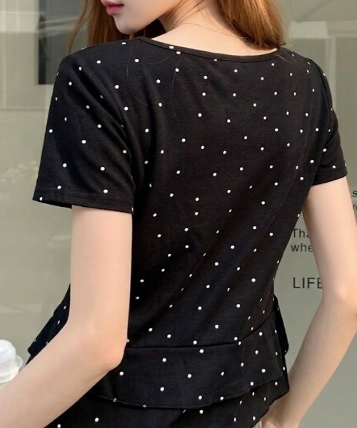 Ada.(エイダ)の「ドットデザイン フロントリボン付き Vネック 裾フリル半袖カットソー(Tシャツ/カットソー・レディース・グレー/ホワイト/ブラック・FREE)」の19枚目の写真