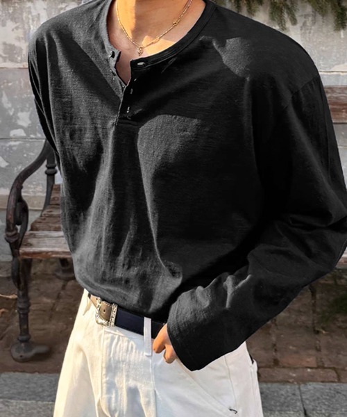 NOWLE(ノウル)の「【NOWLE】コットン ヘンリーネック ロングスリーブTシャツ / ルーズ ロンT(Tシャツ/カットソー・メンズ・ネイビー/ブラック・SMALL/MEDIUM/LARGE/X-LARGE)」の18枚目の写真