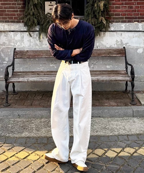 NOWLE(ノウル)の「【NOWLE】コットン ヘンリーネック ロングスリーブTシャツ / ルーズ ロンT(Tシャツ/カットソー・メンズ・ネイビー/ブラック・SMALL/MEDIUM/LARGE/X-LARGE)」の5枚目の写真