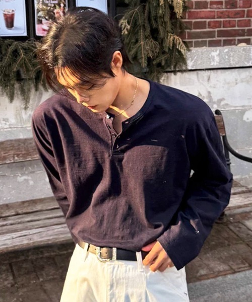 NOWLE(ノウル)の「【NOWLE】コットン ヘンリーネック ロングスリーブTシャツ / ルーズ ロンT(Tシャツ/カットソー・メンズ・ネイビー/ブラック・SMALL/MEDIUM/LARGE/X-LARGE)」の6枚目の写真