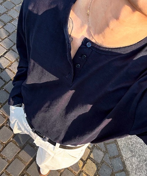 NOWLE(ノウル)の「【NOWLE】コットン ヘンリーネック ロングスリーブTシャツ / ルーズ ロンT(Tシャツ/カットソー・メンズ・ネイビー/ブラック・SMALL/MEDIUM/LARGE/X-LARGE)」の14枚目の写真