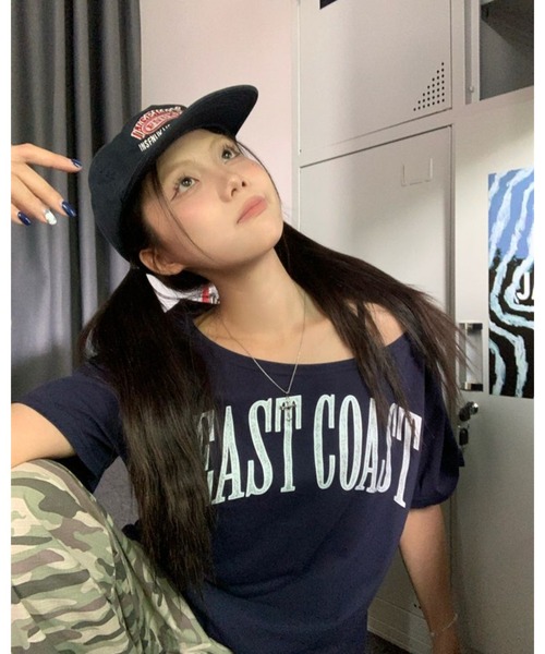 CHEER(チアー)の「アメリカンレトロ風オフショルダー半袖Tシャツ(Tシャツ/カットソー・レディース・ネイビー・フリー)」の19枚目の写真