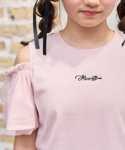 Amourire girl(アムリールガール)の「袖チュール オフショルダー 半袖 Tシャツ カットソー(Tシャツ/カットソー・キッズ・グレー/ピンク・130cm/140cm/150cm/160cm)」の19枚目の写真