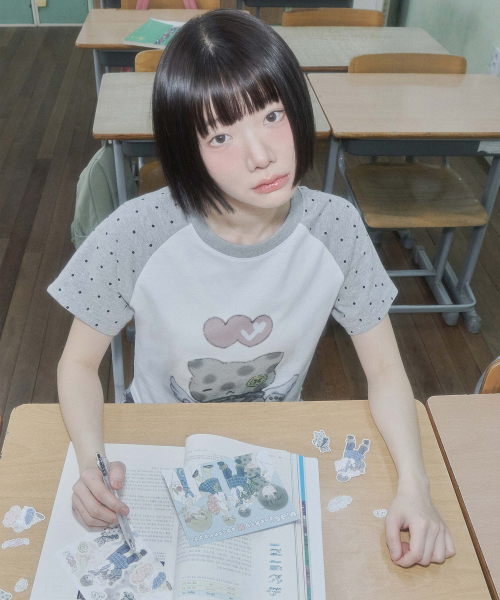 Video Jockey（ビデオジョッキー）の「[  Xビデオザキ] ドットネコクロップTシャツ [メランジグレー]（Tシャツ/カットソー・レディース・ミックスグレー・SHORT）」の5枚目の写真