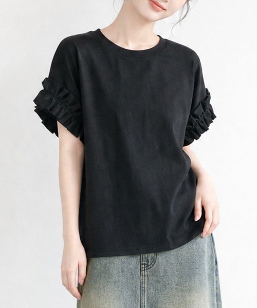 aimoha(アイモハ)の「レースフリルスリーブTシャツ(Tシャツ/カットソー・レディース・ホワイト/ブラック・FREE)」の1枚目の写真