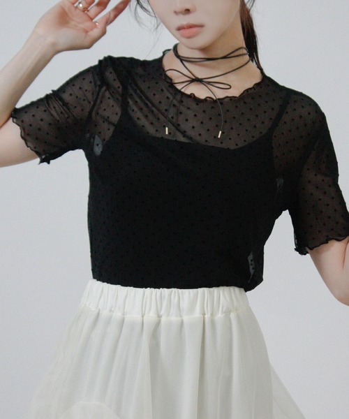 Social GIRL(ソーシャルガール)の「ドットチュールシアーTシャツ 半袖Tシャツ(Tシャツ/カットソー・レディース・ブラック/オフホワイト・M)」の2枚目の写真
