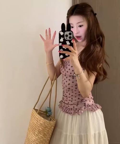 AsheKsha(アシクシャ)の「ドット柄パフスリーブショートフィットトップス(Tシャツ/カットソー・レディース・ピンク・M)」の16枚目の写真