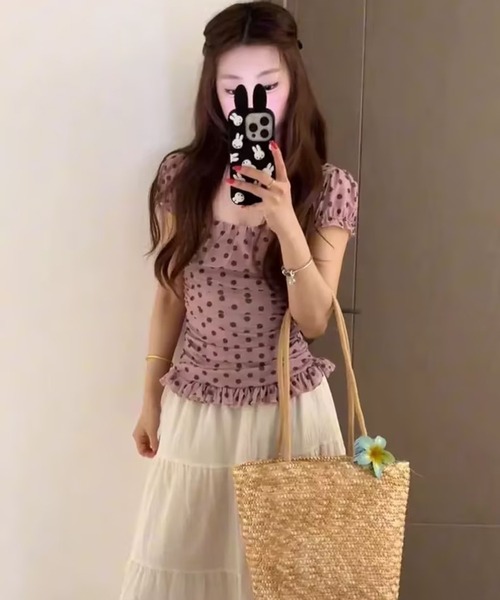 AsheKsha(アシクシャ)の「ドット柄パフスリーブショートフィットトップス(Tシャツ/カットソー・レディース・ピンク・M)」の15枚目の写真