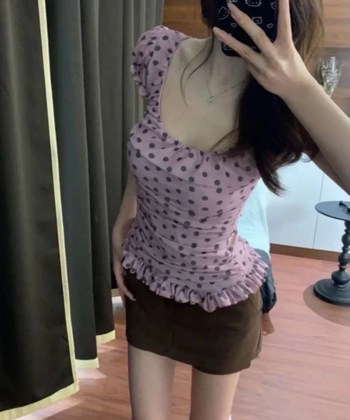 AsheKsha(アシクシャ)の「ドット柄パフスリーブショートフィットトップス(Tシャツ/カットソー・レディース・ピンク・M)」の12枚目の写真