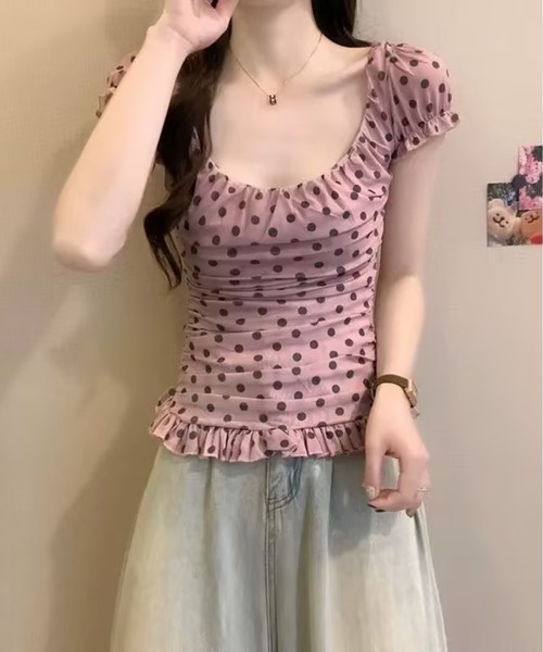 AsheKsha(アシクシャ)の「ドット柄パフスリーブショートフィットトップス(Tシャツ/カットソー・レディース・ピンク・M)」の11枚目の写真