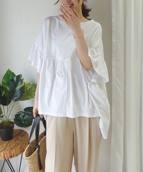 CORNERS(コーナーズ)の「ワイドフリルペプラムTシャツ【接触冷感】(Tシャツ/カットソー・レディース・ホワイト/ブルーグリーン/ブラック・FREE)」の9枚目の写真