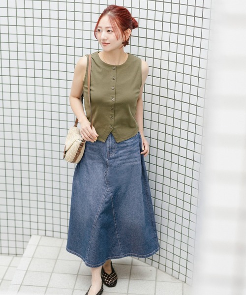 coca(coca)(コカ)の「【伊藤千晃様着用】\接触冷感/通気性/ サマーデニムフレアスカート(スカート・レディース・ブルー/ブラック・S/M/L)」の3枚目の写真