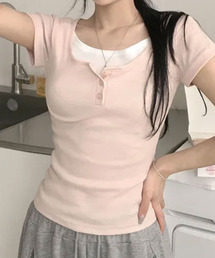 レイヤード風 ヘンリーネック 半袖Tシャツ