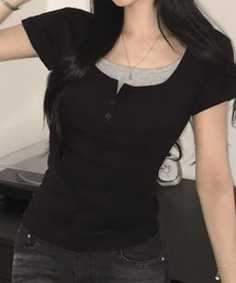 レイヤード風 ヘンリーネック 半袖Tシャツ