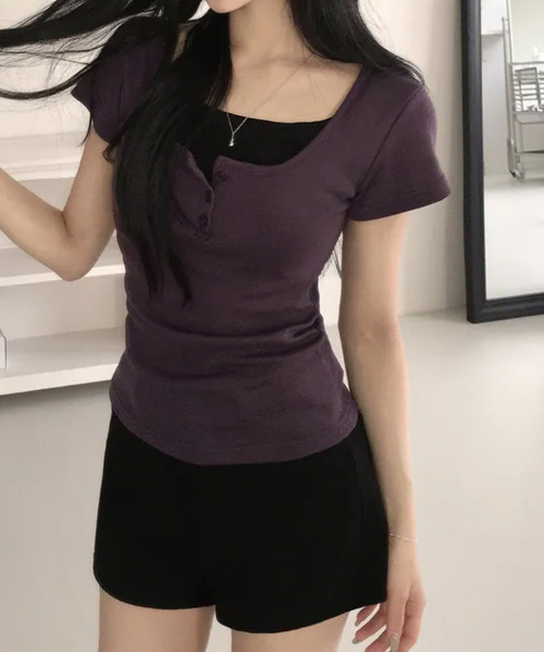 VIVID LADY(ビビッドレディー)の「レイヤード風 ヘンリーネック 半袖Tシャツ(Tシャツ/カットソー・レディース・ブラック/グリーン/グレー/パープル/ネイビー/ピンク・FREE)」の15枚目の写真