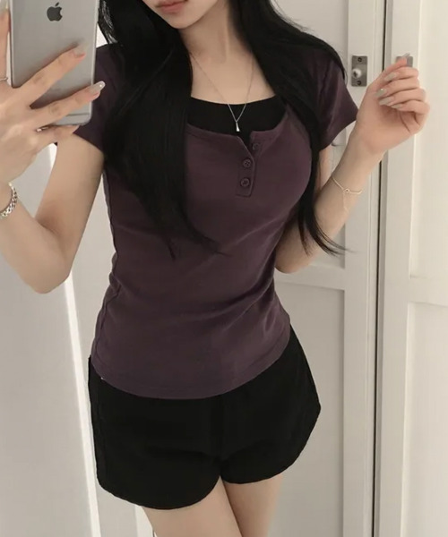 VIVID LADY(ビビッドレディー)の「レイヤード風 ヘンリーネック 半袖Tシャツ(Tシャツ/カットソー・レディース・ブラック/グリーン/グレー/パープル/ネイビー/ピンク・FREE)」の17枚目の写真