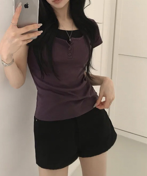 VIVID LADY(ビビッドレディー)の「レイヤード風 ヘンリーネック 半袖Tシャツ(Tシャツ/カットソー・レディース・ブラック/グリーン/グレー/パープル/ネイビー/ピンク・FREE)」の18枚目の写真