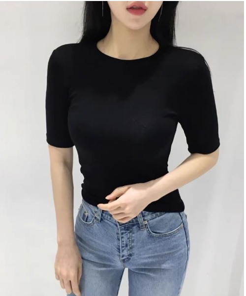 semuse(セミューズ)の「5分袖スリムフィットシンプルTシャツ(Tシャツ/カットソー・レディース・ブラック/ホワイト・FREE)」の7枚目の写真