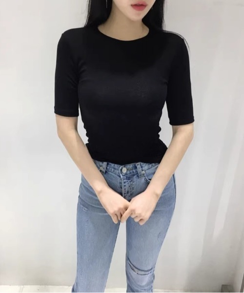 semuse(セミューズ)の「5分袖スリムフィットシンプルTシャツ(Tシャツ/カットソー・レディース・ブラック/ホワイト・FREE)」の11枚目の写真