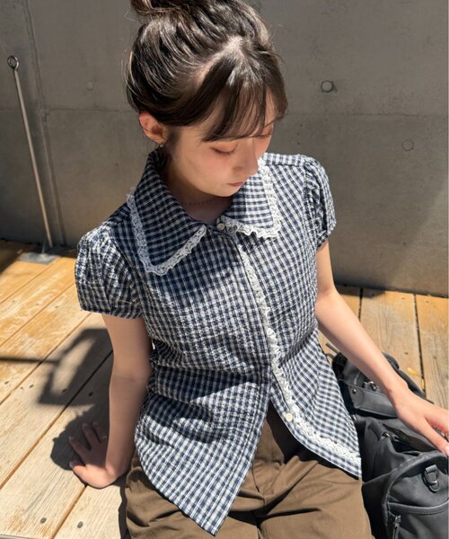 w closet(ダブルクローゼット)の「【セットアップ対応】丸衿チェックシャツ(シャツ/ブラウス・レディース・ネイビー/レッド/ブルー・FREE)」の2枚目の写真