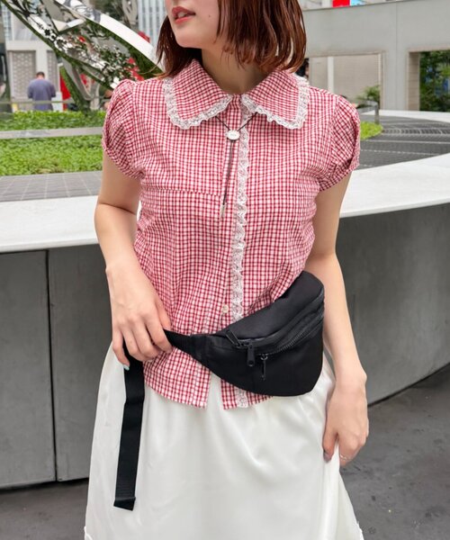 w closet(ダブルクローゼット)の「【セットアップ対応】丸衿チェックシャツ(シャツ/ブラウス・レディース・ネイビー/レッド/ブルー・FREE)」の1枚目の写真