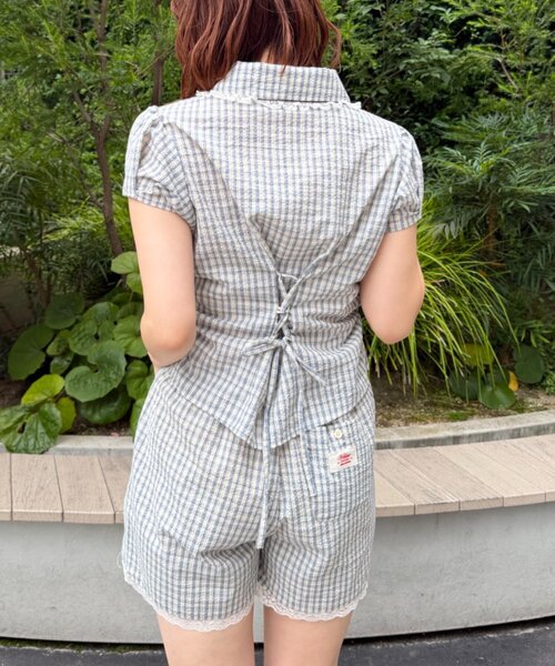w closet(ダブルクローゼット)の「【セットアップ対応】丸衿チェックシャツ(シャツ/ブラウス・レディース・ネイビー/レッド/ブルー・FREE)」の19枚目の写真