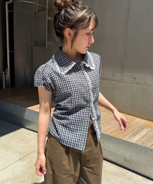 w closet(ダブルクローゼット)の「【セットアップ対応】丸衿チェックシャツ(シャツ/ブラウス・レディース・ネイビー/レッド/ブルー・FREE)」の10枚目の写真