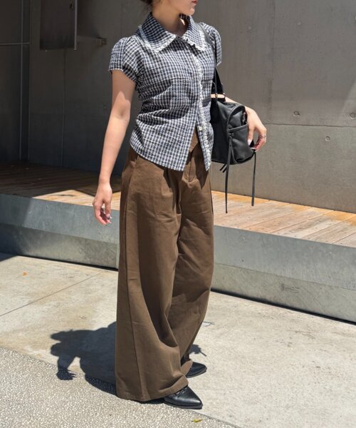 w closet(ダブルクローゼット)の「【セットアップ対応】丸衿チェックシャツ(シャツ/ブラウス・レディース・ネイビー/レッド/ブルー・FREE)」の13枚目の写真