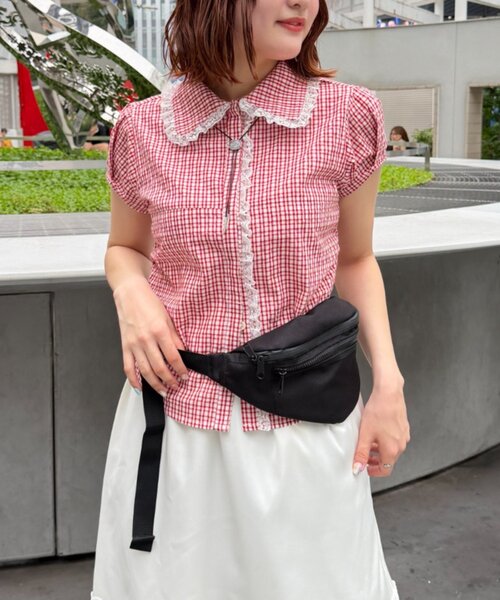 w closet(ダブルクローゼット)の「【セットアップ対応】丸衿チェックシャツ(シャツ/ブラウス・レディース・ネイビー/レッド/ブルー・FREE)」の4枚目の写真