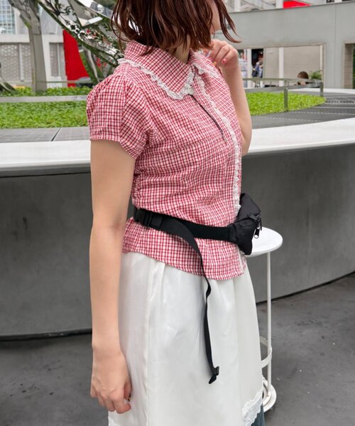 w closet(ダブルクローゼット)の「【セットアップ対応】丸衿チェックシャツ(シャツ/ブラウス・レディース・ネイビー/レッド/ブルー・FREE)」の5枚目の写真