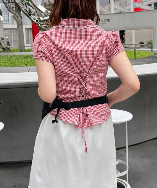 w closet(ダブルクローゼット)の「【セットアップ対応】丸衿チェックシャツ(シャツ/ブラウス・レディース・ネイビー/レッド/ブルー・FREE)」の6枚目の写真