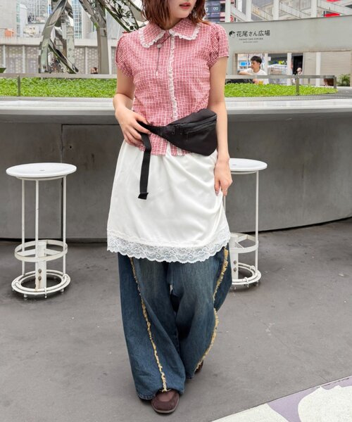 w closet(ダブルクローゼット)の「【セットアップ対応】丸衿チェックシャツ(シャツ/ブラウス・レディース・ネイビー/レッド/ブルー・FREE)」の7枚目の写真