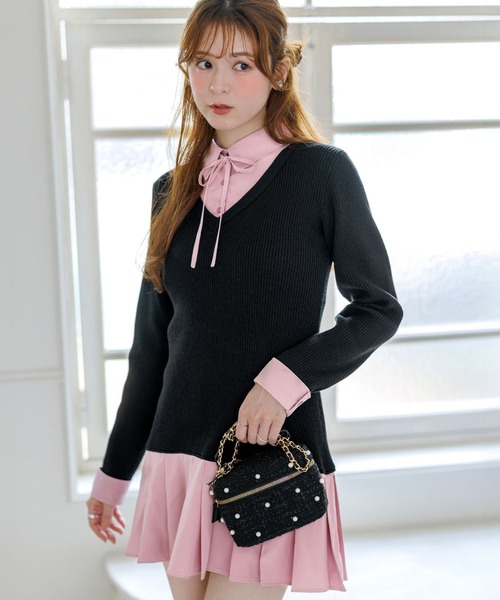 alotta(アロッタ)の「【Corie】シャツドッキングプリーツミニ丈ニットワンピース(ワンピース・レディース・ネイビー/ブラック・M/L)」の2枚目の写真