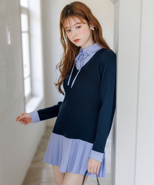alotta(アロッタ)の「【Corie】シャツドッキングプリーツミニ丈ニットワンピース(ワンピース・レディース・ネイビー/ブラック・M/L)」の5枚目の写真