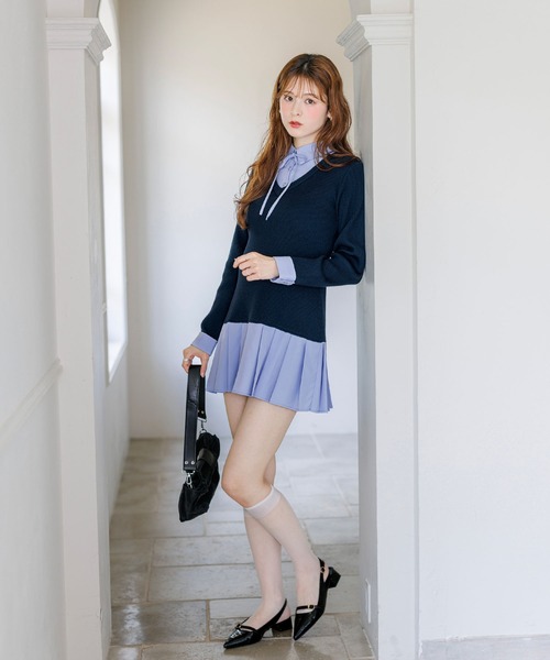 alotta(アロッタ)の「【Corie】シャツドッキングプリーツミニ丈ニットワンピース(ワンピース・レディース・ネイビー/ブラック・M/L)」の8枚目の写真