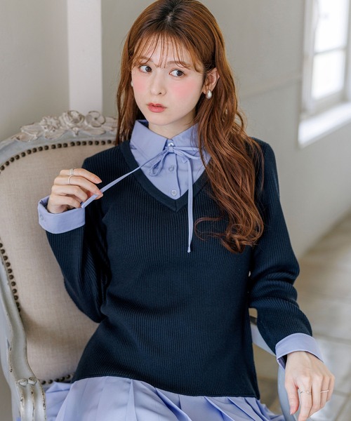 alotta(アロッタ)の「【Corie】シャツドッキングプリーツミニ丈ニットワンピース(ワンピース・レディース・ネイビー/ブラック・M/L)」の9枚目の写真