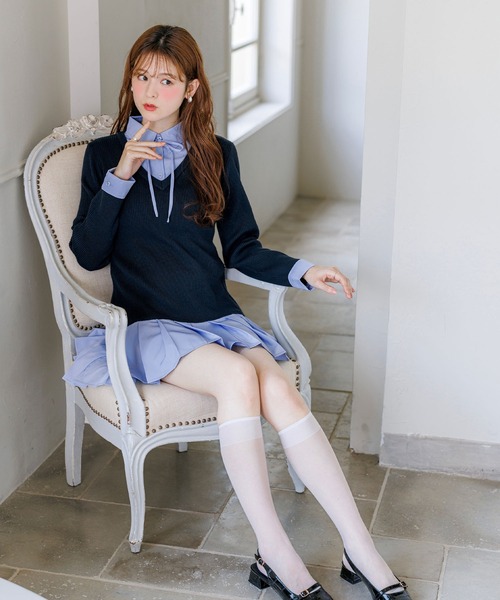 alotta(アロッタ)の「【Corie】シャツドッキングプリーツミニ丈ニットワンピース(ワンピース・レディース・ネイビー/ブラック・M/L)」の10枚目の写真