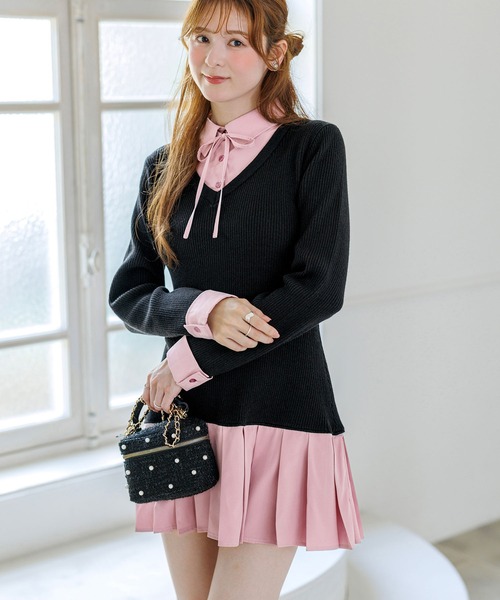 alotta(アロッタ)の「【Corie】シャツドッキングプリーツミニ丈ニットワンピース(ワンピース・レディース・ネイビー/ブラック・M/L)」の11枚目の写真