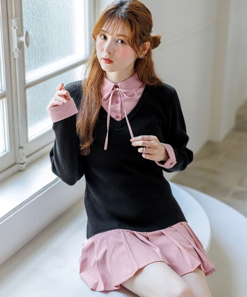 alotta(アロッタ)の「【Corie】シャツドッキングプリーツミニ丈ニットワンピース(ワンピース・レディース・ネイビー/ブラック・M/L)」の13枚目の写真