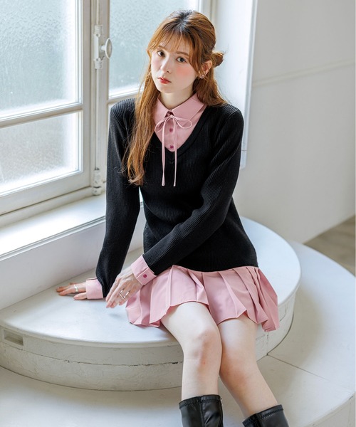 alotta(アロッタ)の「【Corie】シャツドッキングプリーツミニ丈ニットワンピース(ワンピース・レディース・ネイビー/ブラック・M/L)」の14枚目の写真