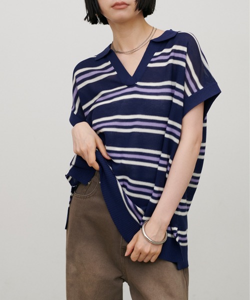 LARUTA(ラルータ)の「【LARUTA】シアーボーダースキッパーニット(ニット/セーター・レディース・ブラウン/ネイビー/グレー・MEDIUM)」の3枚目の写真
