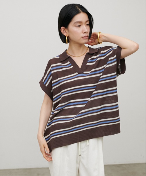LARUTA(ラルータ)の「【LARUTA】シアーボーダースキッパーニット(ニット/セーター・レディース・ブラウン/ネイビー/グレー・MEDIUM)」の1枚目の写真
