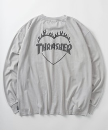 【70】【THRASHER/スラッシャー】スノーウォッシュ ハートファイヤーロゴ クルーネック ロングスリーブ Tシャツ/ワンポイント刺繍/クルーネック/ストリート/スケーター