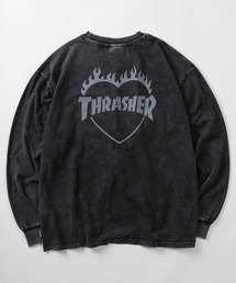 【70】【THRASHER/スラッシャー】スノーウォッシュ ハートファイヤーロゴ クルーネック ロングスリーブ Tシャツ/ワンポイント刺繍/クルーネック/ストリート/スケーター