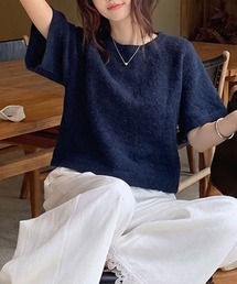 クルーネック 半袖ニットプルオーバー