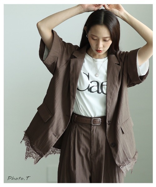 Sawa a la mode（サワアラモード）の「裾レースリネンライクテーラードジャケット（テーラードジャケット・レディース・アイボリー/ブラウン・FREE）」の3枚目の写真