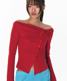 フリップカラーオフショルダーガーディガン_レッド