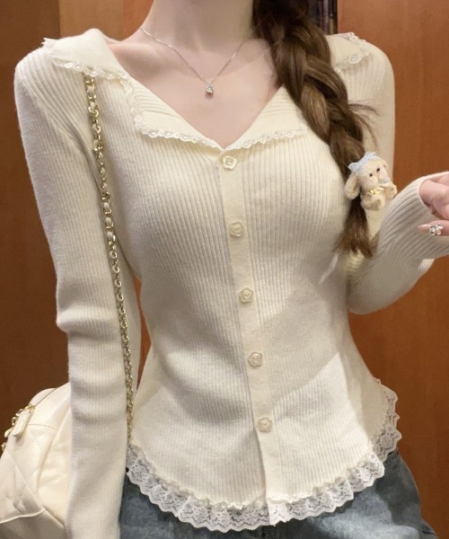 NoBelle(ノベル)の「フリルレースVネックリブニット長袖トップス(ニット/セーター・レディース・ホワイト/グレー・FREE)」の11枚目の写真